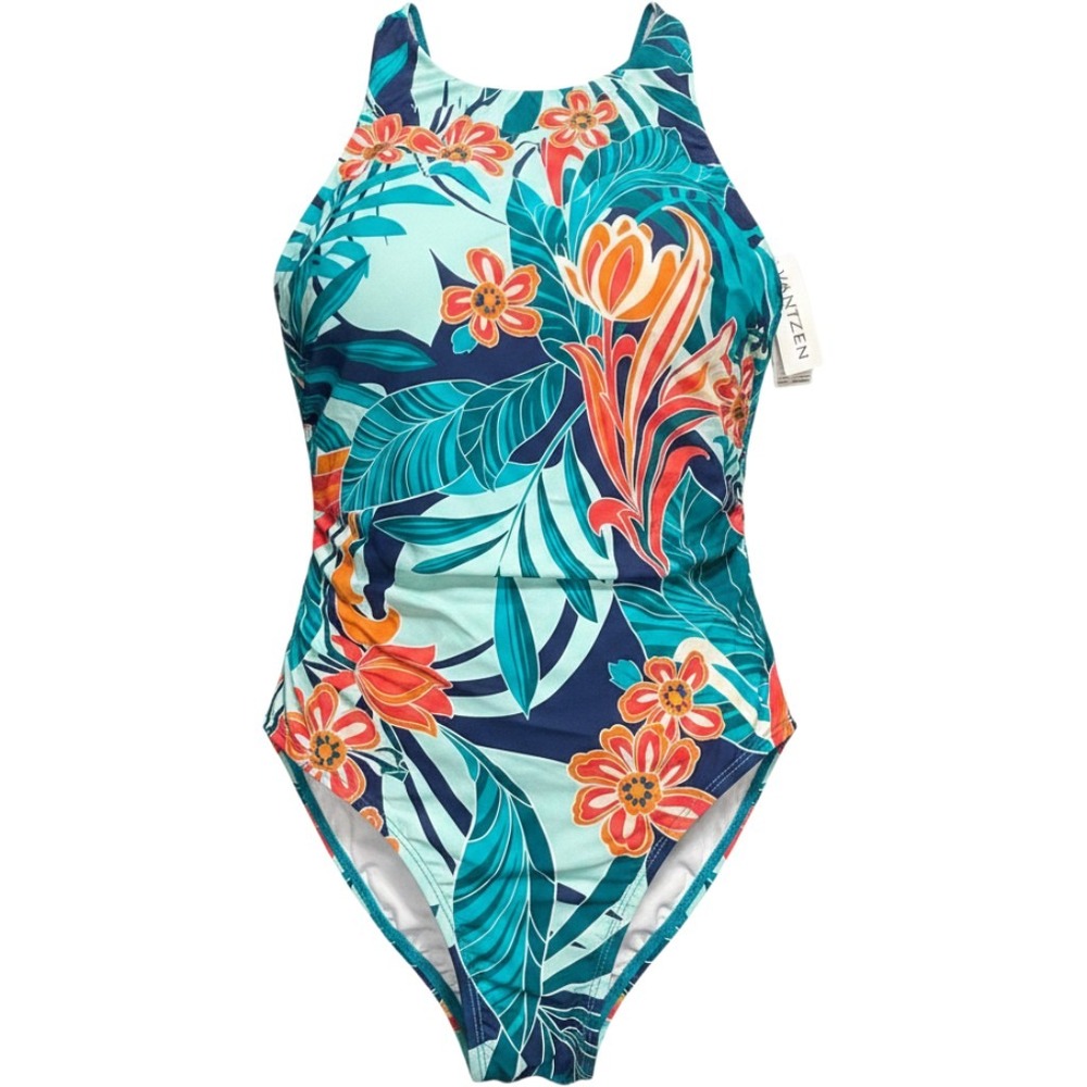 Jantzen Temple Peach Floral High Neck One Piece Swimsuit Tummy Control Blue 12